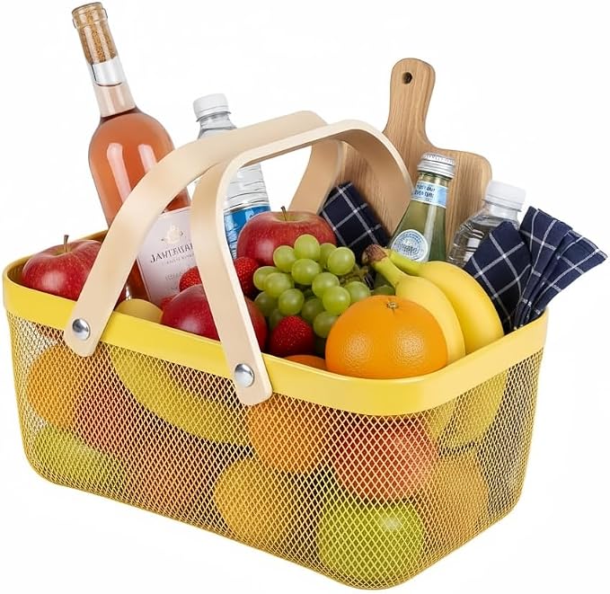 Portable Mesh Harvest Basket - Natural Bamboo Handle Foldable Organizer for Kitchen, Garden & Picnic | Ventilated Storage Bin with Rust-Proof Wire, Space-Saving Farmhouse Decor (Lemon Yellow) by Ymeibe