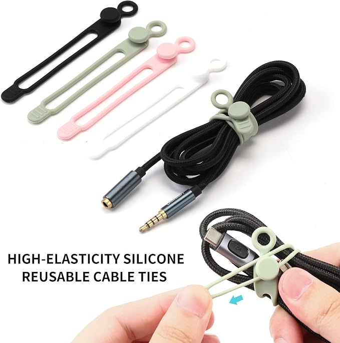 UMUST 12Pcs Silicone Cable Ties, Cable Management Cord Organizer 4Colors | Reusable Cord Ties, Cable Strap Tie for Bundling Electronics Wire,Home Office Travel Essentials Accessories 4.2inch - Image 3