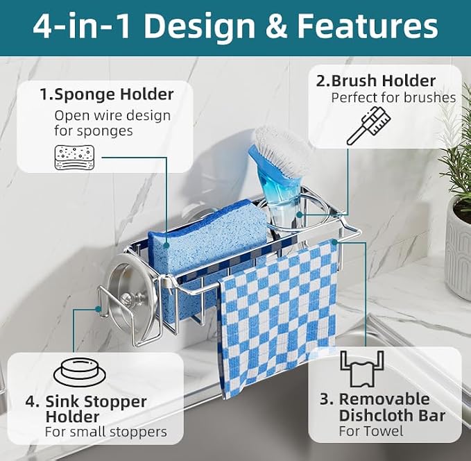 TAILI 4-in-1 Sink Caddy for Kitchen Sink with Strong Suction Cup-Silver | Removable Sponge Holder for Kitchen Sink Organizer, Rustproof 304 Stainless Steel Holder for Sponge, Brush, Scrubber, Scraper - Image 5