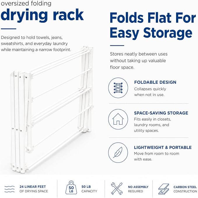Honey-Can-Do Oversized Clothes Drying Rack, Extra-Wide 35", 50 lb, White | Fits family-size loads of towels, jeans & hoodies; rust-resistant coated steel; folds flat; indoor/outdoor; energy-saving - Image 6