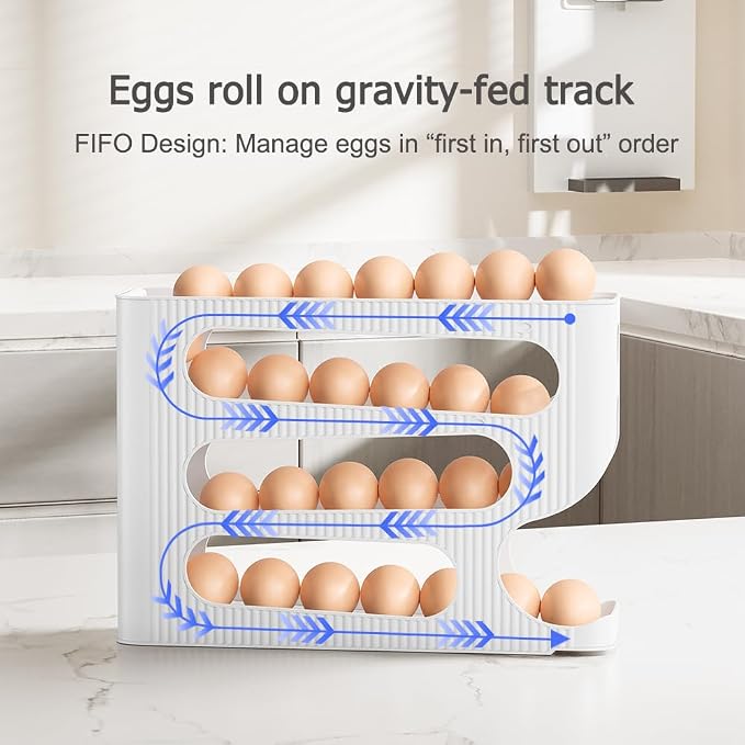 FIFO Egg Holder for Fridge, Egg Organizer for 28 Large Size Eggs | 1-Pack Auto Rolling Egg Dispenser for Refrigerator, Space-Saving Egg Roller/Container/Storage for Kitchen Countertop - Image 3