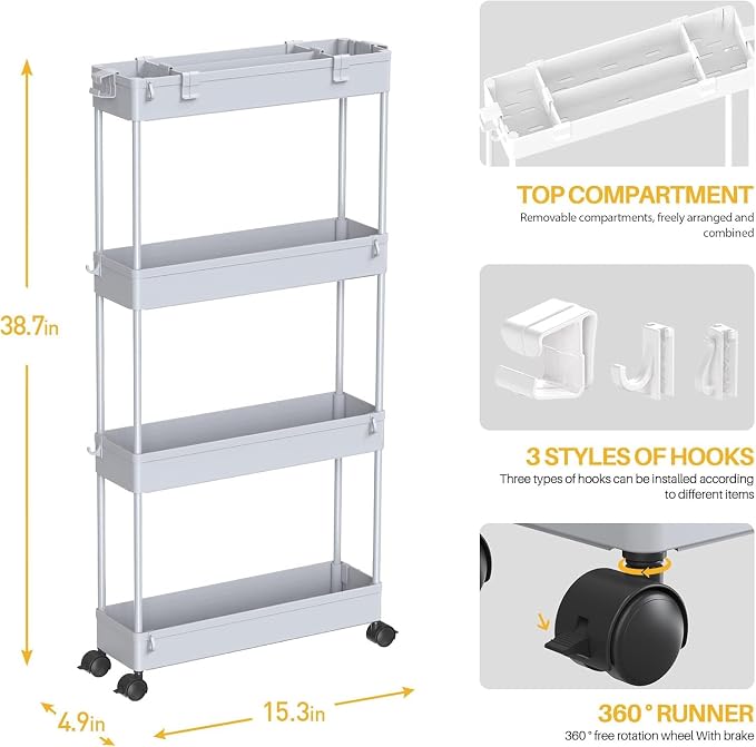 2-piece Set Slim Storage Cart 3 Tier,Bathroom Organizer Rolling Utility,Mobile Shelving Unit Slide Out for Office, Kitchen, Laundry Room & Narrow Places - Image 2