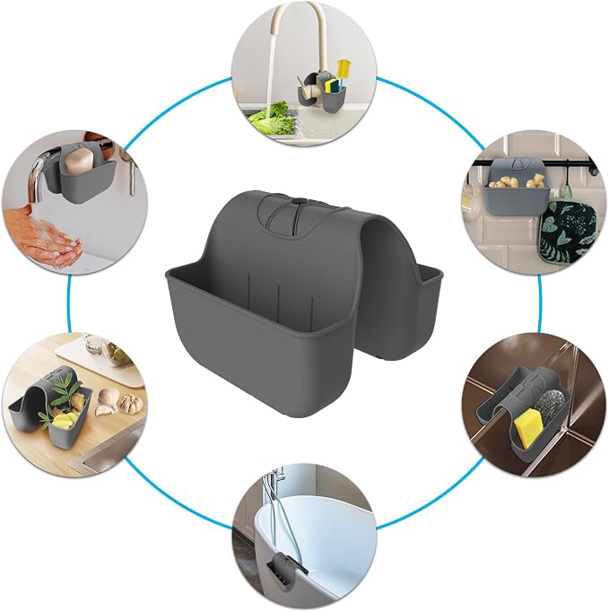 Sponge Holder for Kitchen Sink, Silicone Sink Saddle Caddy Organizer Rack, Sponges Holder Over Faucet, Hanging Kitchen Organizer Accessories Rack Basket Dark Gray - Image 5