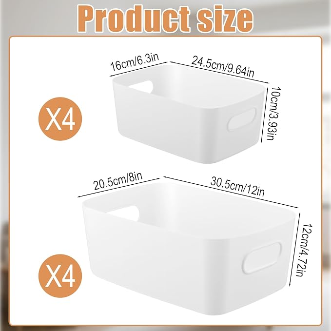 8 Pack White Plastic Storage Bins Multi-Use Small Organizer Bins Containers with Handles for Pantry, Cabinet, Under Sink, Kitchen, Bathroom & Office, 2 Sizes - Image 2
