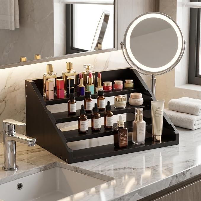 Solid Wood Spice Rack Organizer for Countertop & Cabinet, 4 Tier Adjustable Wooden Spice Shelf with Sliding Track, Premium Step Seasoning Bottle Holder for Kitchen, Cupboard, Pantry & Office, Black - Image 8