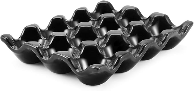 Flexzion 12 Cup Ceramic Egg Tray - Whole Dozen Porcelain Egg Holder Container Storage Organizer Decorative Serving Stand Serveware for Refrigerator Countertop by Flexzion