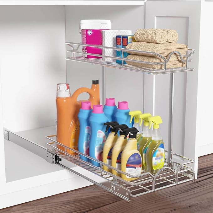 OCG Under Sink Cabinet Organizer Two Tier Pull Out Shelf (14.75W x 21D), Under Sink Sliding Shelf for Kitchen Bathroom Cabinet 2 Tier Chrome - Image 4