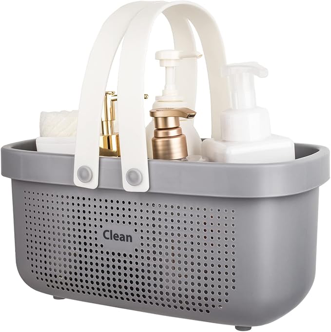 JiatuA Plastic Storage Basket with Handle Portable Shower Caddy Tote Organizer Basket Bin for Bathroom Kitchen Dorm Room Bedroom, Gray | Sturdy Drainage Large Capacity Organizer Basket with Silicone Handles for Bathroom Kitchen Bedroom College Dorm Ess... by JiatuA