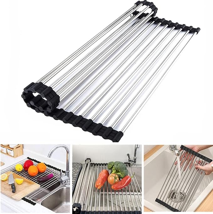Stainless Steel Portable Roll Up Dish Drying Rack Over The Sink Rack for Cups Fruits Vegetables 17.7" x 13" - Image 2