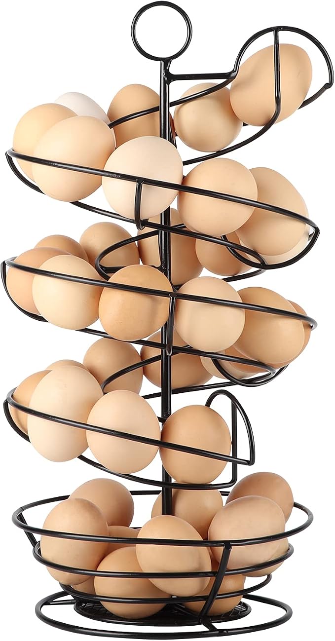 QUTREY Black Metal Egg Skelter with Storage Basket, Spiral Design Egg Holder for Large Egg for Countertop, Kitchen by QUTREY