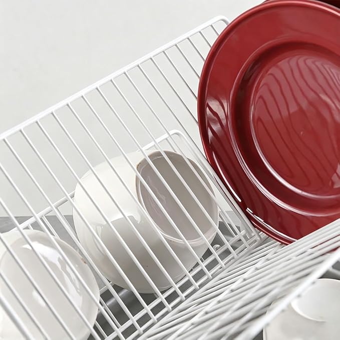 White Foldable 2-Tier Dish Rack - Heavy-Duty Metal Drying Rack with Removable Drip Tray, Collapsible Kitchen Sink Organizer for Plates, Bowls, Cups & Utensils - Image 7