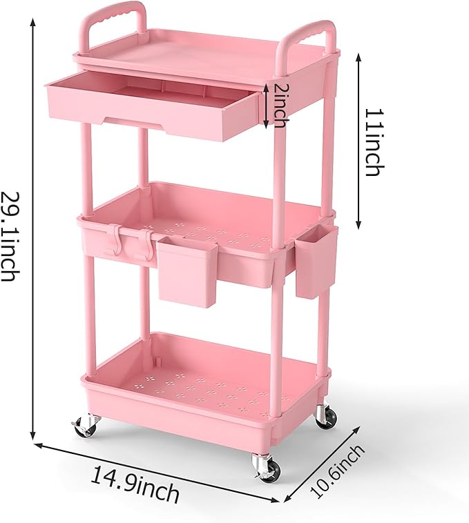 3 Tier Rolling Utility Cart with Drawer, Plastic Storage Organizer Rolling Carts with Wheels Handles Hanging Cups Hooks for Office, Bathroom, Kitchen,Craft Art Room (Pink) - Image 2