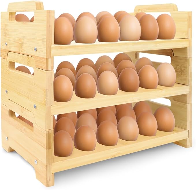 3-Tier Wooden Egg Holder Countertop, Farmhouse Stackable Wood Egg Organizer Stand, Divided Wood Counter Storage Rack for Duck Turkey Produce (Total 54 Slot) by Roucerlin