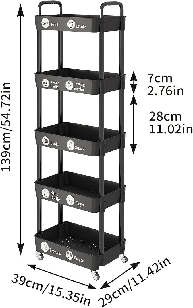 Laiensia Multifunction Utility Rolling Cart, 5-Tier Plastic & Metal Storage Organizer, Black, Lockable Wheels, Modern Style, Indoor Use - Image 7