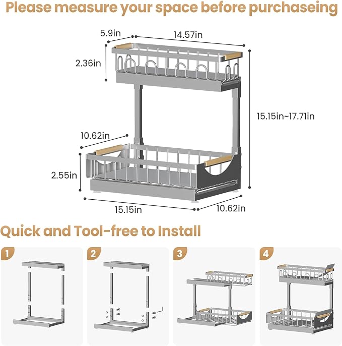 Under Sink Organizer and Storage for Bathroom and Kitchen - 2 Pack 2 Tier | Cabinet Pull Out Shelf Organizers - Slide Out Drawer Organization for Home Cabinets Shelves and Drawers - Image 8