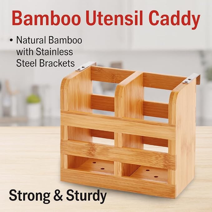 HIC Kitchen Bamboo Dish Rack Caddy, Natural Bamboo, Drying Organizer | Stainless Steel Hooks, Fits Rack #97086, Elevated Airflow Design, Fast Water Evaporation, Rinse Clean - Image 3