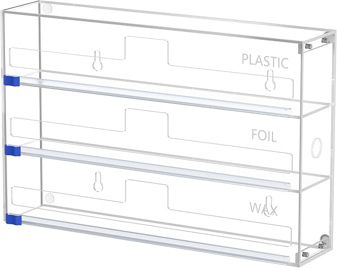 3 in 1 Clear Acrylic Foil, Plastic Wrap Organizer with Cutter | Kitchen Storage, Aluminum Foil Dispenser, Wax Paper Holder, For Drawer or Wall Mount, Fits 12 Inch Roll by FUKANG