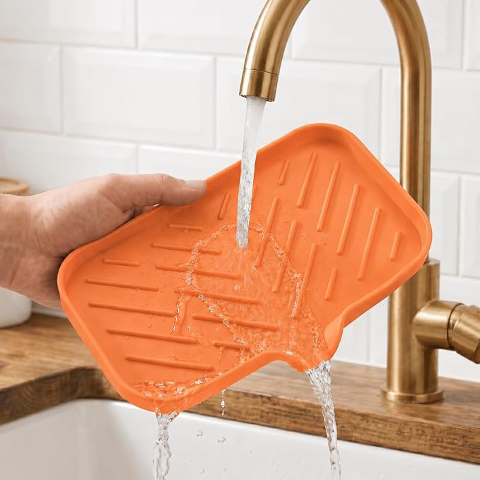 MicoYang Silicone Soap Dish with Drain Spout — Self-Draining Sink Organizer Tray for Bathroom & Kitchen, Sponges, Dispensers & Soap Holder, Non-Slip & Dishwasher Safe, Orange (Medium, 9.6"×5.3") - Image 9