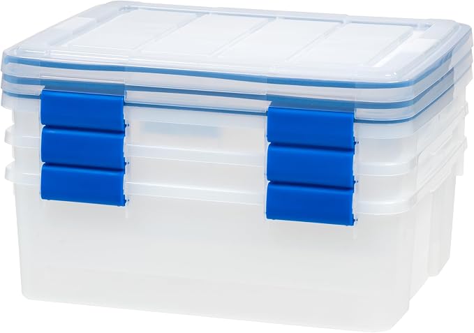 IRIS USA 3-Pack 26.5 Qt Storage Bins with Gasket Lids, Clear/Blue | WeatherPro seal protects everyday essentials in closets, offices and laundry rooms - Image 8
