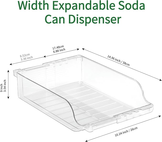 Adjustable Soda Can Dispenser for Refrigerator –Expandable Width PET Drink Organizer, Stackable Space-Saving Fridge Organizer for Cans & Bottles – 2 Pack - Image 4