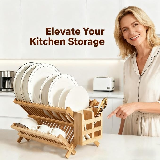 QUEENKAY Dish Drying Rack Collapsible 2-Tier Bamboo Dish Rack for Kitchen Counter Wooden Dish Drainer with Foldable Space-Saving Design for Dishes, Plates, and Cups - Image 2