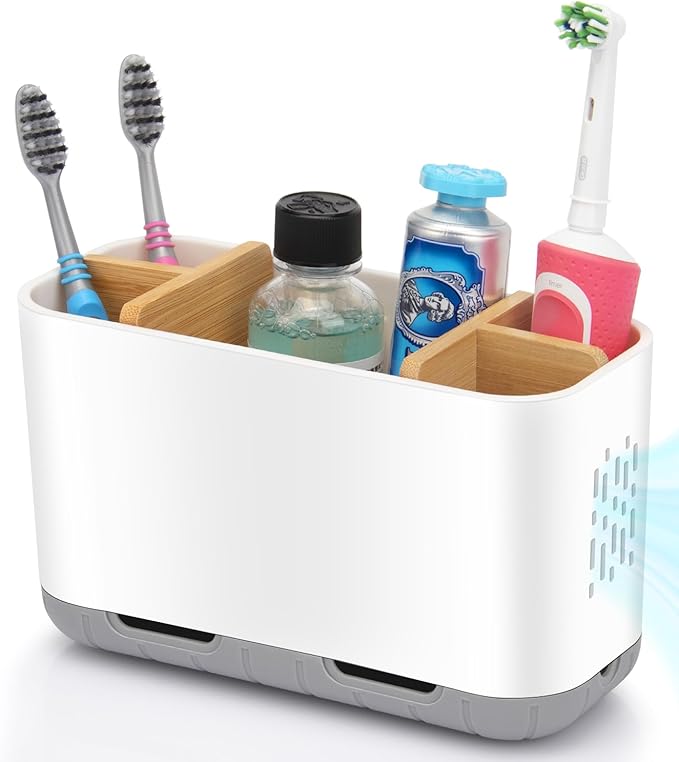 GFWARE Toothbrush Holders for Bathrooms - Bamboo Divider Toothbrush and Toothpaste Holder with Drainage, Kids Electric Toothbrush Organizer for Bathroom Countertop, White Tooth Brush Holder | 5 Slots Toothbrush and Toothpaste Holder with Bamboo Divider... by GFWARE