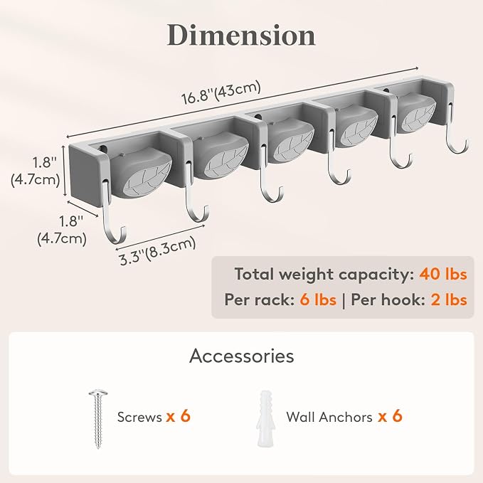Lifewit Mop and Broom Holder Organzier Wall Mount Non-Slip, 1 Pack, Gray | Easy Install One Handed Push Cleaning Tool Hanger with 6 Hooks 5 Slots, Heavy Duty Hanging Utility Rack for Garden, Garage - Image 4