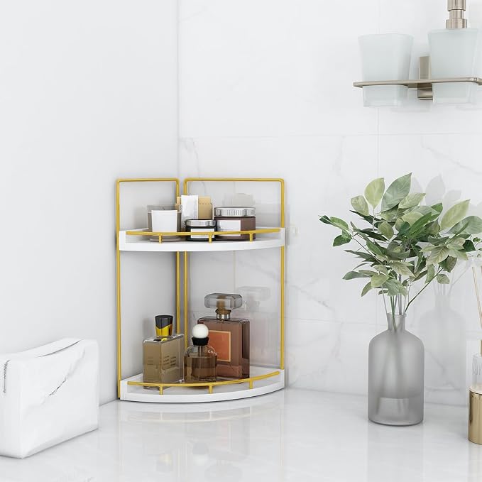 Dorhors Corner Bathroom Counter Organizer,Vanity Countertop Storage Shelf | 2-Tier Gold Rack Holder for Skincare,Perfume,Makeup,Lotion,Wood Sink Tray Stand for Kitchen,Restroom,Dresser - Image 2