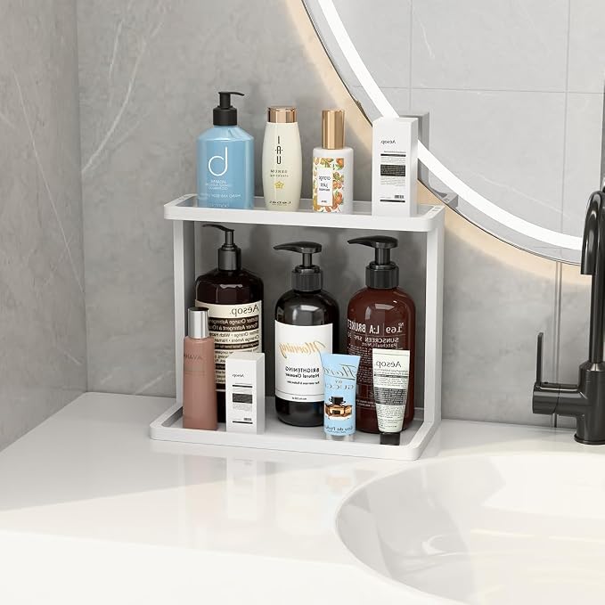 PEKER Bamboo Bathroom Organizer Countertop – Small Vanity Storage Shelf for Makeup, Perfume, Skincare – Natural Cosmetics Display Rack for Dresser, Sink, Kitchen –White - Image 4
