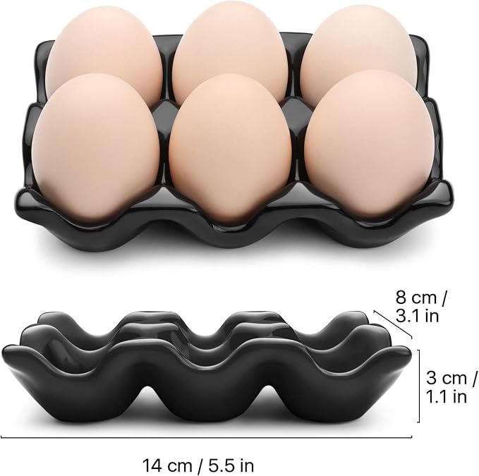Flexzion Ceramic Egg Holder for Fridge - 6 Cups Egg Tray Half Dozen Porcelain Container Keeper Storage Organizer Decorative Serving Dish Serveware for Refrigerator Countertop Display Kitchen (Black) - Image 7