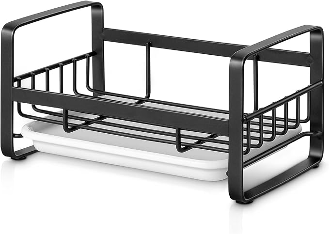 HULISEN Kitchen Sponge Holder, 304 Stainless Steel Sink Caddy, Black | Removable Drain Tray, Holds Sponges Soap Bottles Brushes, Countertop Storage, No Dispenser or Brush - Image 2
