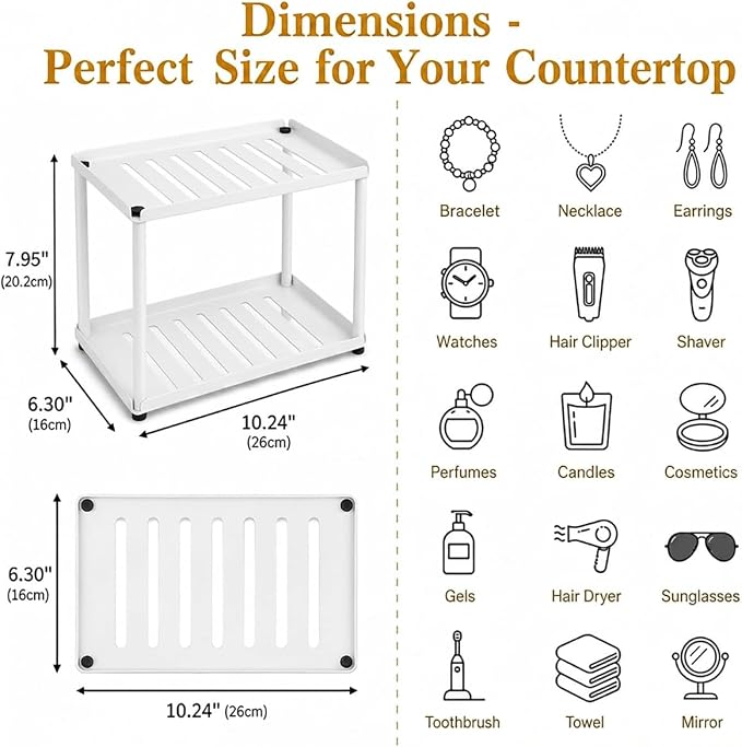 2 Tier Bathroom Counter Organizer, Rectangular Vanity Organizer Shelf, Skincare and Makeup Countertop Storage Rack for Kitchen, Bathroom, Bedroom,White - Image 3