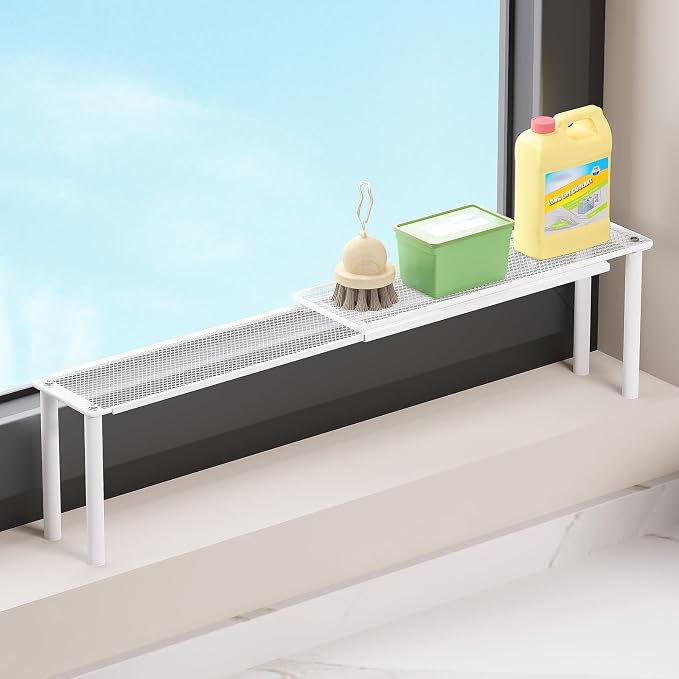 Expandable Kitchen Sink Organizer Window Shelf for Plants Stackable Narrow Shelves Kitchen Countertop Holder Mesh Design (1, White (Depth 3.54")) - Image 8