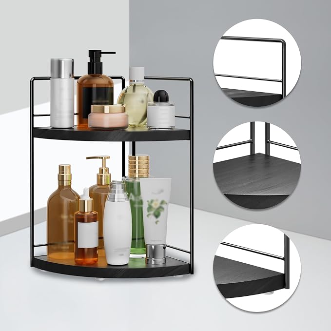 2 Pack Bathroom Counter Organizer,2 Tier Corner Bathroom Organizer | All in One Sturdy Easy Assembly Black Wooden vanity Organizer for Skincare Cosmetics Dresser Kitchen Storage and Organization - Image 4