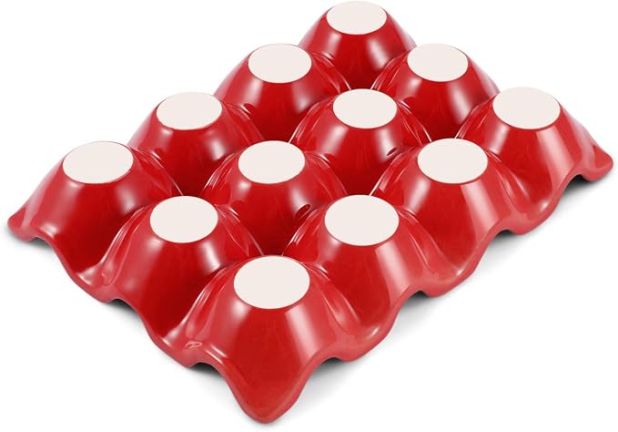 Flexzion Ceramic Egg Holder for Fridge - 12 Cups Egg Tray Whole Dozen Porcelain Container Keeper Storage Organizer Decorative Serving Stand Serveware for Countertop Display Kitchen (Red) - Image 8