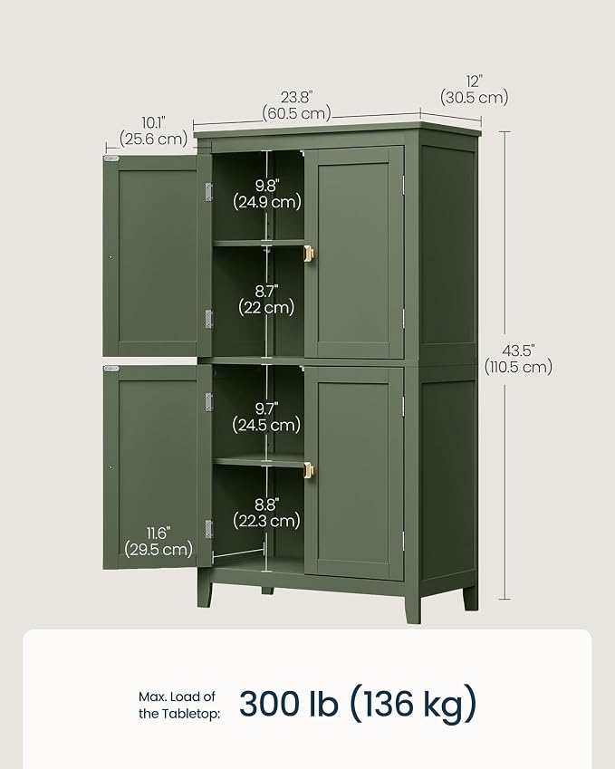 SONGMICS HOME Freestanding Storage Cabinet, Floor Cabinet with Elevated Legs, Metal Handles, for Living Room, Kitchen, Bathroom, Green - Image 3