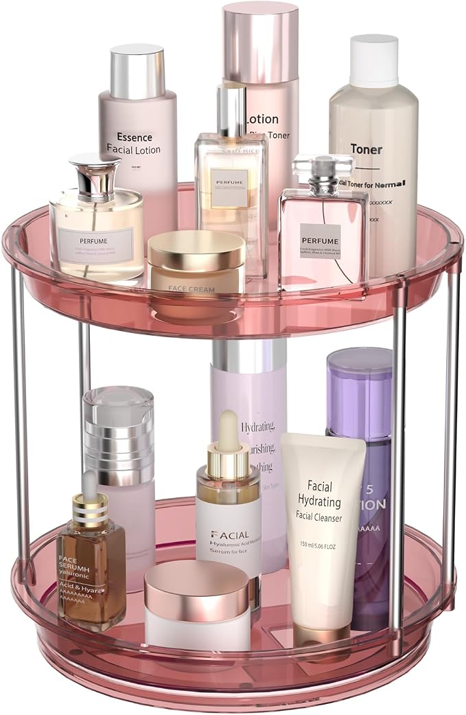 Rotating Makeup Organizer, Perfume Skincare Holder, 2 Tier 9 Inch, Pink | 360° Smooth Spinning Vanity Tray, Large Capacity, Space-Saving Cosmetics Storage for Bathroom Countertop, Dresser by Unknown