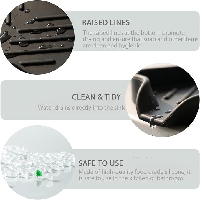 MicoYang Silicone Soap Dish with Drain Spout, Self-Draining Sink Organizer Tray for Bathroom and Kitchen, Sponges, Dispensers and Soap Holder, Non-Slip and Dishwasher Safe, Black (Compact, 4.9"×3.2") - Image 8