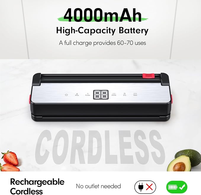 Portable Vacuum Sealer for Food Storage: 75kPa Suction Vacuum Sealer Machine - 4000mAh Rechargeable Battery for Home Kitchens Apartments RVs & Travel - Dry & Moist Food Modes, Built-in Cutter - Image 2