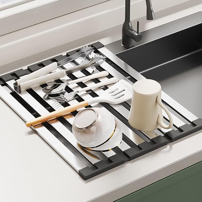 Stainless Steel Roll Up Dish Drying Rack, Over Sink Foldable Kitchen Mat, 45cm x 32.5cm Rollable Sink Drainer, Space-Saving Design (17.72" H x 12.8" W) - Image 4