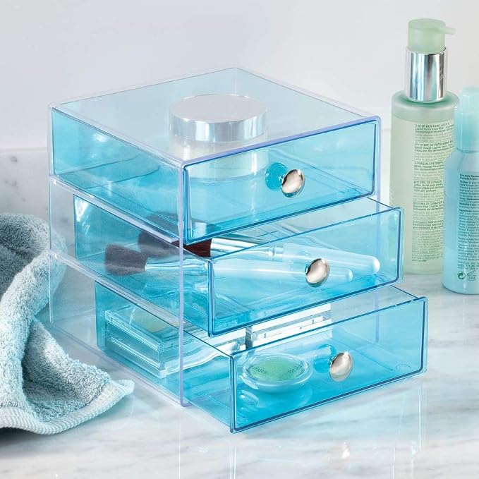 iDesign 3-Drawer Vanity Organizer, Aqua, 6.5" x 6.5" x 6.5" | BPA-Free Plastic - Image 4