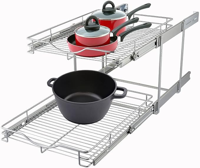 DINDON 2 Tier Pull Out Cabinet Organizer (11" W x 18" D) Heavy-Duty Metal Sliding Drawer Shelf, Two Tier Pull Out Shelves for Kitchen Cabinets, Pantry, Bathroom, Chrome Finish - Image 9