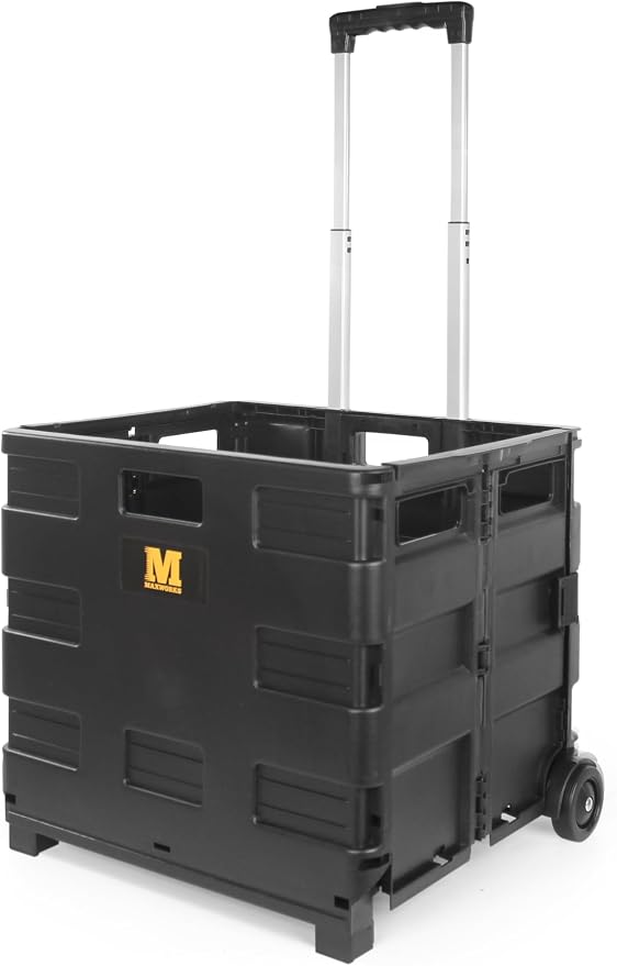 MaxWorks 51051 Collapsible Black Rolling Folding Dolly Cart for Teachers - Multi-Functional Dolly with Extra Storage Durable Wheels and Easy-to-Fold Design for Classroom Office Shopping - Without Lid by MaxWorks