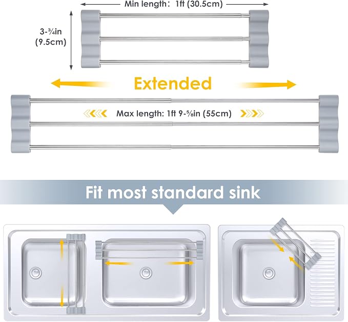 Tomorotec Adjustable Over-The-Sink Kitchen Rack, BPA-Free, Gray | Holds 16.5 Lbs; For Dishcloths, Sponges, and Brushes - Heat-Resistant Stainless Steel with Slim, Expandable Design - Image 4