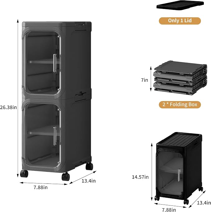 2-Tier Narrow Slim Bathroom Storage Cabinet with Wheels, Black | Tool Free Assembly, Adjustable Shelves, Fits for Narrow Spaces, Reinforced Stability, Magnetic Clear Door - Image 2
