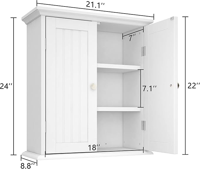 ChooChoo Bathroom Wall Cabinet with 2 Doors, Over The Toilet | 8.8"D x 21.1"W x 24"H, Medicine Cabinet, Adjustable Shelves, Cupboard, White - Image 3