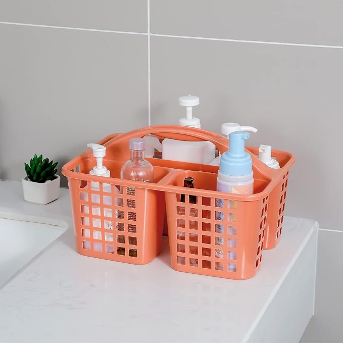 Portable Shower Caddy Basket Plastic Storage Basket with Compartment Orange | Sturdy Large Capacity Cleaning Supplies Organizer Divided Tool Bin for Bathroom Kitchen Bedroom College Dorm Essentials - Image 2