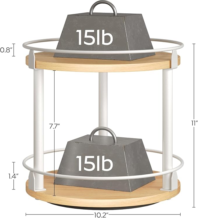 Lazy Susan Organizer, Rotating Spice Rack, 2 Tier Spice Turntable Organizer, Industrial Turntable Spice Holder, for Kitchen Countertop, Compact and Versatile, White and Natural SR22WN - Image 9
