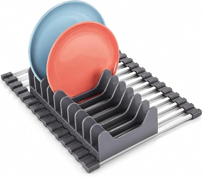 Small Aluminum Roll Up Dish Drying Rack 9" x 13" with Dish Holder | Fits sinks up to 8.5", Perfect for camping & RVs, Rolls up for easy storage, Square aluminum bars, Dish holder included by Unknown