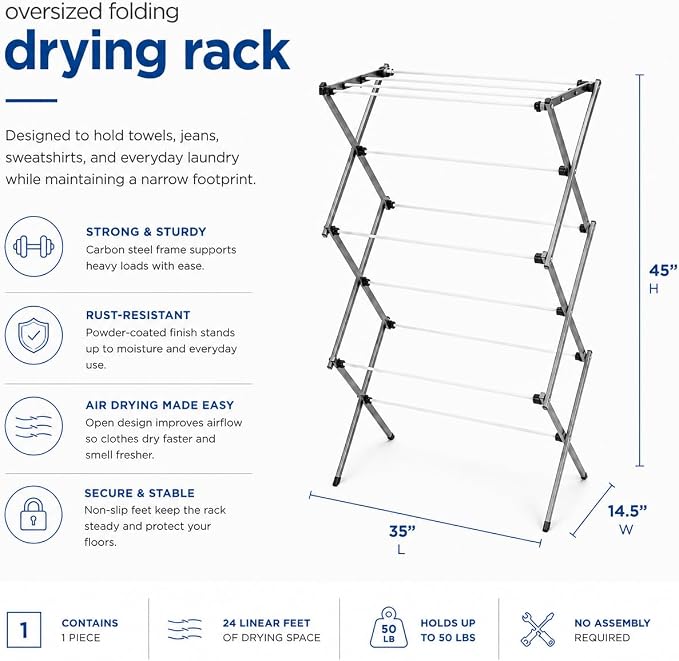 Honey-Can-Do Oversized Clothes Drying Rack, 35" Wide, 50 lb, Grey | Extra-wide 35" family-size rack holds 50lb of laundry. Rust-resistant steel folds flat; indoor or outdoor use. No Assembly - Image 4